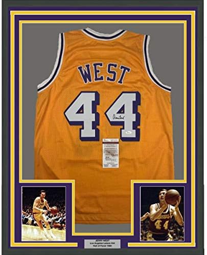 Jerry West 33x42 emoldurado/assinado 33x42 Jersey de basquete amarelo