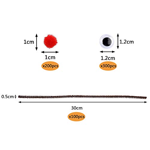 600 peças Os conjuntos de produtos de limpeza de tubos de Natal incluem 100 peças chenille hastes 200 peças Pom Pom Pom e 300 peças Wiggle Olhos para artesanato Diy Making