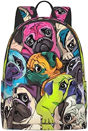 Fehuew 16 polegadas Backpack Cartoonn colorido pug cães laptop mochila Full Print School Bookbag Bag para viajar Daypack