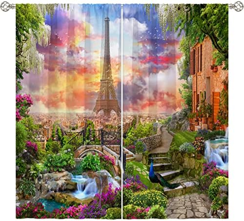 Gytms Paris Cortinas cortinas decorativas de bolso com cenário europeu de jardim da cidade Eiffel Tower Padrão de impressão de