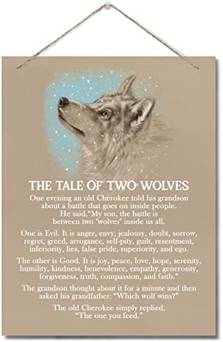 A história de dois lobos inspirados no sinal de decoração de citações, pendurando placas de madeira de parede impressa,