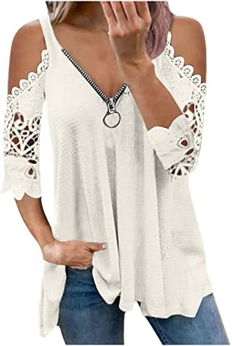 Lace Off ombro tampa para mulheres Manga curta 1/4 zíper Henley v pescoço top casual camisetas de blusa solta