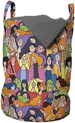 Bolsa de lavanderia do feminismo de Ambesonne, interpretação do estilo doodle de muitas mulheres reunidas em união e paz, cesto de