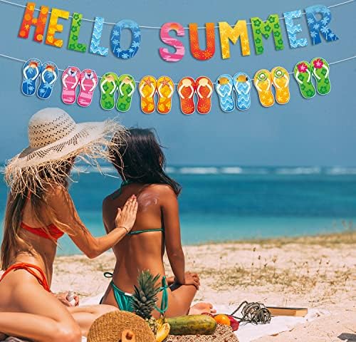 JKQ Hello Summer Banner e Flip Flip Banner Colorido Summer Summer Tropical Poach Pool Slippers Garland Banner de verão Festro