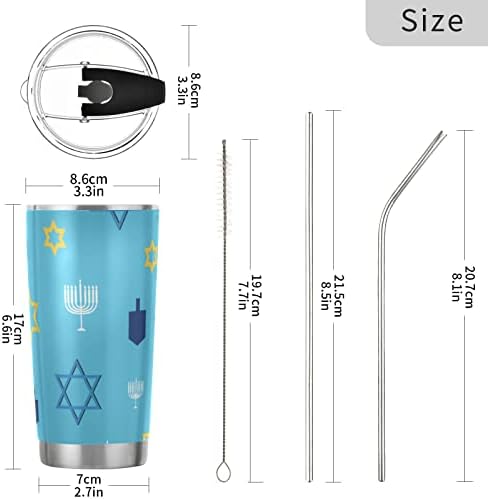 Garrafa de copo de 20 onças com tampa e palha Hanukkah azul isolado de café gelo xícara de gelo a vácuo aço inoxidável