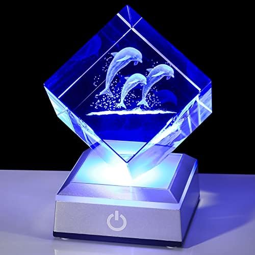 Presentes de golfinhos de cristal ywhl para homens homens, estatueta de golfinho gravado a laser em 3D com base leve