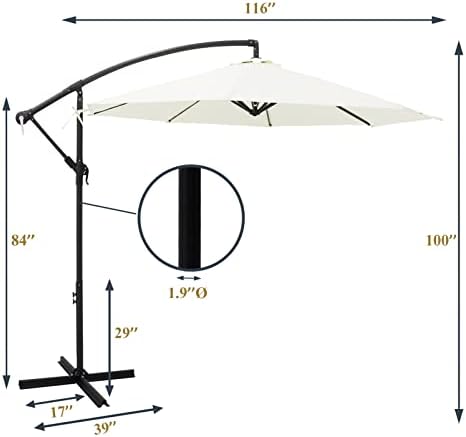 Jarka & Co 10 pés pendurando desligamento cantilever pátio guarda -chuva para externo com base de base transversal, marfim