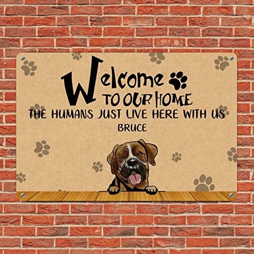 Alioyoit engraçado cão cão metal sinal de placa boxeador cão personalizado cão nome bem -vindo ao nosso cabide de porta de estimação para cães em casa