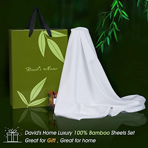 Casa de David viscose do conjunto de folhas de resfriamento de bambu, luxuoso respirável macio e sedoso para dormir quente, 16 de bolso de bolso com travesseiro para a primavera no verão, rei, branco