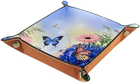 Caixas de armazenamento Tacameng pequenas, hortênsias azuis e buquê de flores de borboleta, organizador de armazenamento de bandeja com manobrista de couro para carteiras de carteiras