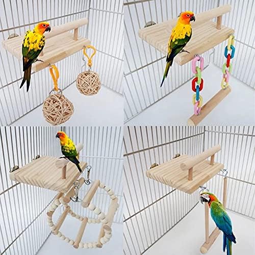 Fegoclt Wooden Bird Parrot Potera Brinquedos de gaiola Hamster Play Gym Stand com Wood Swing Rattan Ball Toy Bird Supplies