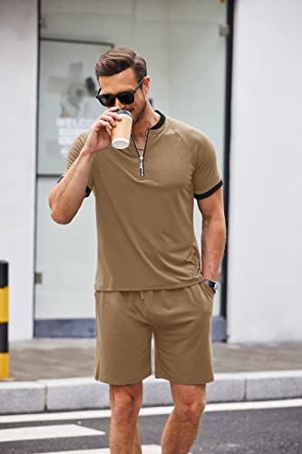 Coofandy Men's 2 Peças Roupa de algodão Tarter zip e shorts Definir um terno atlético casual trajes de verão