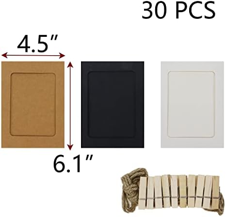 Molduras de imagem de papelão PUFGUY 6 Quadros fotográficos de papel com clipes de madeira, corda de cânhamo para fotografia pendurada foto, decoração de casa | Kraft White Black-30pcs