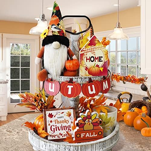 Decorações de Ação de Graças, pacote de decoração de bandeja em camadas de Ação de Graças de outono, Ação de Graças Gnome