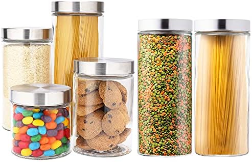 Conjunto EatNeat de 6 grandes carteiras de cozinha de vidro com tampas de aço inoxidável - recipientes de armazenamento