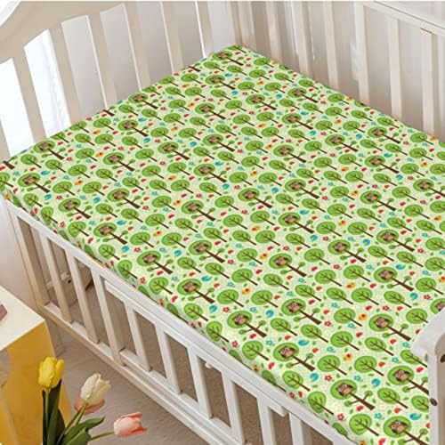 Owl Print temático ajustado mini folhas de berço, lençóis de berço portáteis lençóis de colchão para meninas para meninos, 24 “x38”, multicolor verde pastel