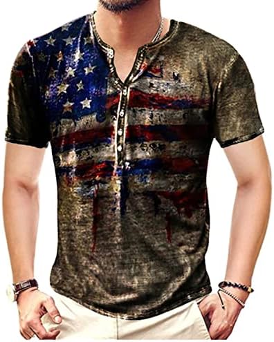 Wenkomg1 Mens Henley camisa, estrela da bandeira dos EUA lavada e listras de estilo retrô de estilo de streetwear