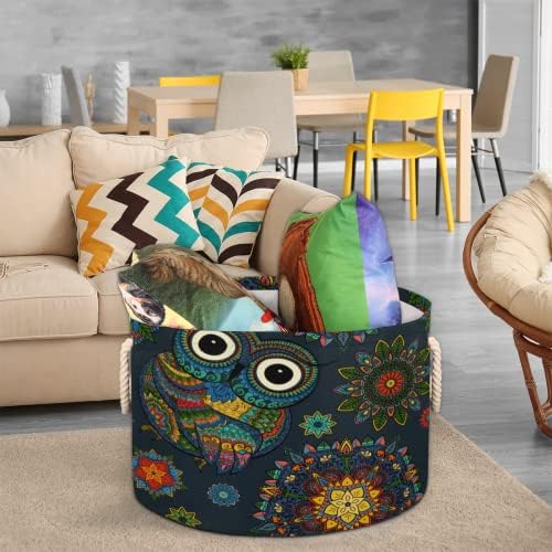 Mandala Owl Blue Grandes cestas redondas para cestas de lavanderia de armazenamento com alças cestas de armazenamento de cobertor