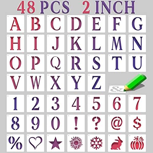 Estênceis de letra de 2 polegadas Número de símbolos estênceis artesanais, 48 ​​PCs Kit de modelo de alfabeto reutilizável