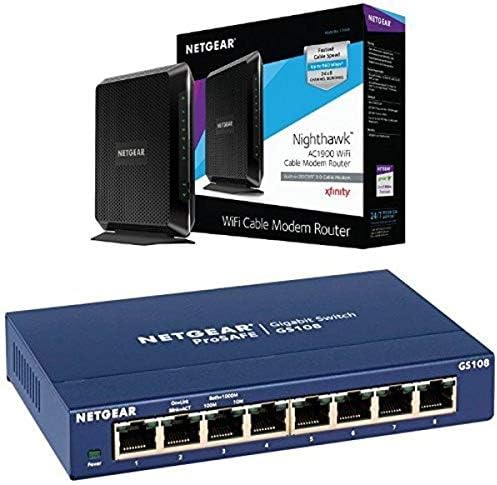 NetGear Nighthawk AC1900 Wi-Fi Modem Docsis 3.0 certificado para Xfinity Comcast, Time Warner Cable, Cox e mais pacote com Netgear Prosafe GS108 8 porta Gigabit Switch