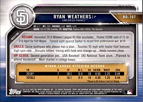 2019 Bowman Draft #BD-107 Ryan Weathers RC Rookie San Diego Padres MLB Baseball Trading Card
