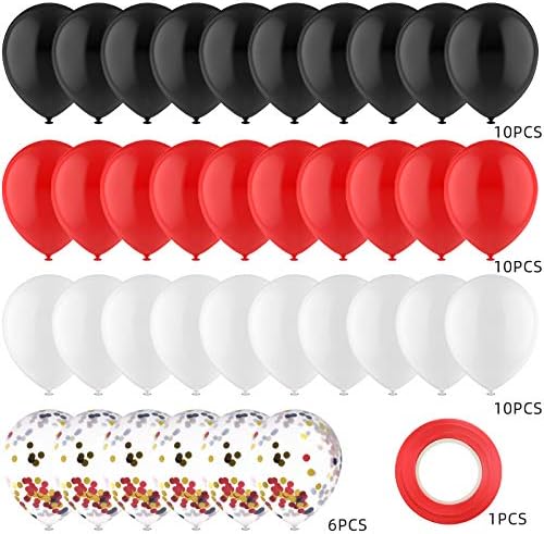36 peças Balões de confetes pretos Red Balloons Balloons Balloons Kit, incluindo balões pretos vermelhos brancos com fita de balão para festa de aniversário para o chá de bebê Graduação Quinceanera Decoration