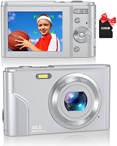 Câmera digital, câmera infantil de foco automático de 48MP com 32 GB de câmera de vídeo 1080p com zoom de 16x, compacto portátil câmeras pequenas câmeras de Natal para crianças garotas adolescentes menino