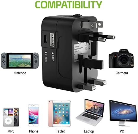 Viagem USB Plus International Power Adapter Compatível com HTC Desire 628 para poder mundial para 3 dispositivos USB TypeC,
