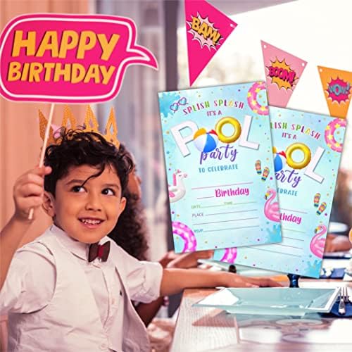 Convite de aniversário para festa de jogo da piscina, Splish Splash! Cartões de convite para meninos e meninas, conjunto