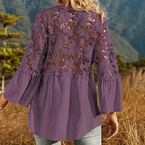 Mulheres soltas Fit Chiffon Tops Lace Patchwork V Neck Button Butter Sleeve Tees