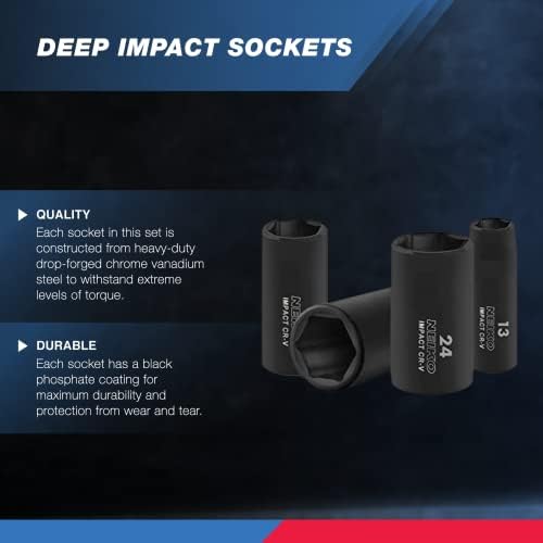 NEIKO 02433A 3/8 ”Drive Standard e Deep Métrico de Impacto Conjunto | 26 peças e 02475a 1/2 Drive Deep Impact Socket Set, 14 peças |
