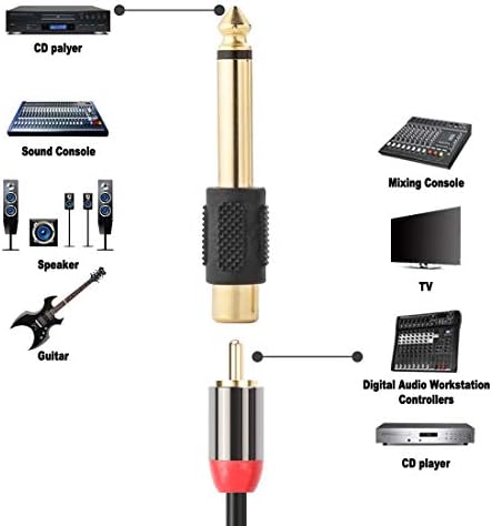 RCA a 1/4 Adaptador, fêmea RCA para TS 6,35mm Mono Macho Converter Audio Connector Plug Gold para misturador, amp, subwoofer