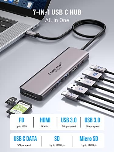 Adaptador multiporto de hub USB C Lemorele 7-1 tipo C 4K 60HZ DONGLE DONGLE DONGLE DONGLE, 100W PD, SD/TF 3.0 Slots,