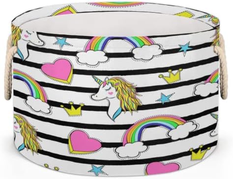 Rainbow Unicorn Grandes cestas redondas para cestas de lavanderia de armazenamento com alças cestas de armazenamento