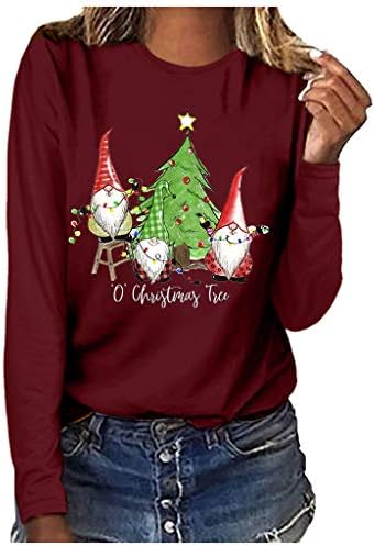 Camisetas de manga longa de Natal para mulheres impressas gráficas camisetas gnome Xmas Tree Pattern Casual Pullover Sorthirt