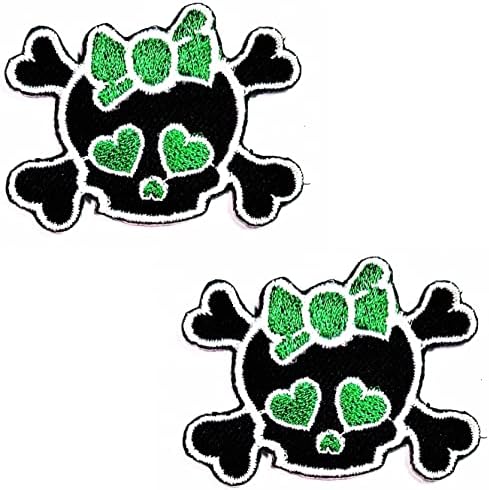 Kleenplus 2pcs. Mini Little Baby Skull Com Green Bow Cartoon Kids Iron on Patches Skull Fashion Style