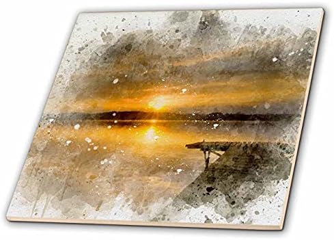 3drose bonita doca de uma imagem do pôr do sol do lago de aquarela - azulejos