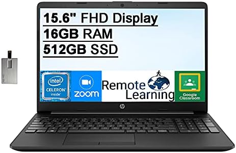 2021 HP 15.6 FHD IPS Laptop Computador, Processador Intel Celeron N4020, RAM DDR4 de 16 GB, 512 GB de SSD, Intel UHD Gráficos, 1 ano