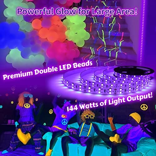 Newreach 144W Bright Light LED tiras com 1440 LEDs, 40 pés LED Blacklight Strip for Glow Party, Luz negra para grande área de neon festa de aniversário Halloween Quarto Tapestres de urânio Glass
