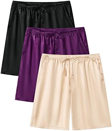 Swomog masculino de 3 pacote de cetim shorts shorts de pijama boxãs brotos de sono sono botão voar com cordão e bolsos