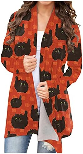 Cardigã frontal aberto feminino Cardigã de animal Cat Pumpkin Print Knit Cardigan Sweater Outerwear Casal de malha