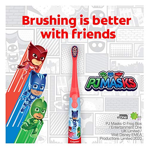 Escova de dentes de bateria de colgate crianças, máscaras de PJ, cerdas macias, 1 pacote, os personagens podem variar