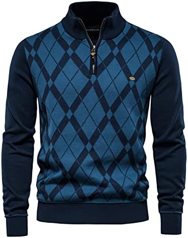 Xiaxogool Mens Quarter Zip Sweater, suéter de quarto de zip masculino Argyle Stand Collar Trowiting Pullovers Knit Slim Fit Pullover