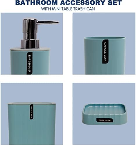Conjunto de acessórios de banheiro Cerbior Conjunto de banheiros de 4 peças Inclui lata de lixo, dispensador de sabão, porta -escova de dentes, copo de escova de dentes para bancada decorativa e presente de inauguração, azul