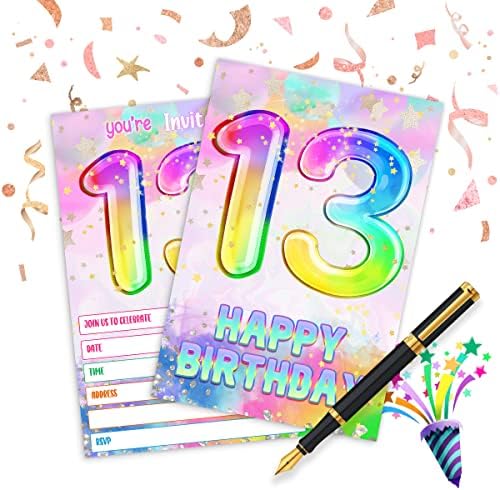 Cartões de convite de festa de 13º aniversário, convite holográfico do arco -íris com envelopes （20 pacote)