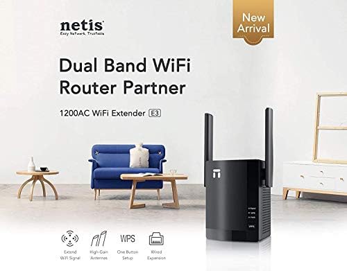 Netis E3 AC1200 Wireless Dual Band Range Extender com WPS One Button Setup, 2 antenas de alto ganho e porta de expansão com