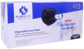 Puravita fabricada nos EUA - Máscara facial de nível 3 ASTM - 3 Ply Ultra Soft Earloop 50 contagem, eficiência do filtro ≥ 98%