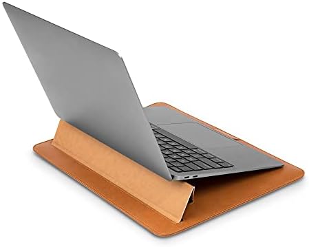 Moshi Muse Laptop Sleeve com suporte dobrável para 13 MacBook/laptop, suporte conversível ergonômico de 15 graus, couro vegano, design magnético sem zíper, forro interno de microfibra, marrom caramelo Brown