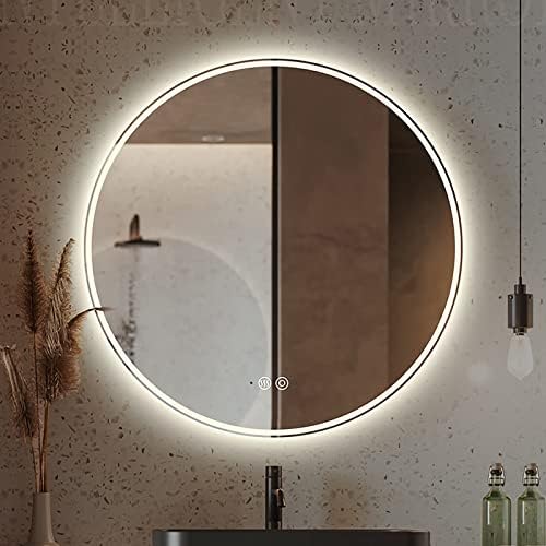 Espelho do banheiro com luzes LED, modernos espelhos redondos de banheiro montados na parede, luzes de escurecimento tricolor, função