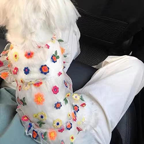 Vestido de cachorro floral de brinquedos, vestidos de princesa de gaze respirável com bordado colorido de flores para o verão, malha de renda de renda para animais de estimação roupas de cachorro